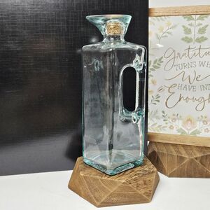Vtg 1970 Glass Bottle With Handle, Spout & Cork, Oil & Vinegar & Wooden Base Set